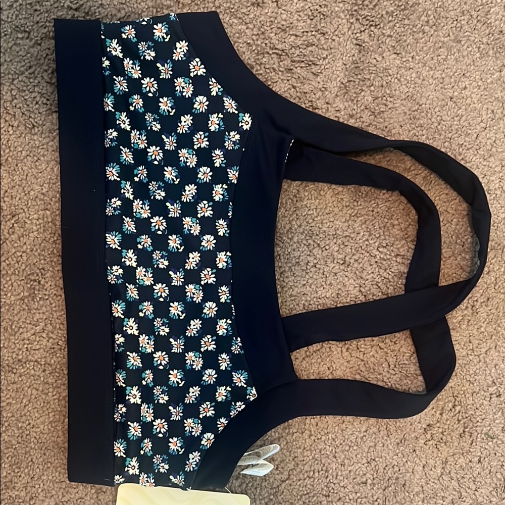 Floral Sports Bra with Navy Blue Straps